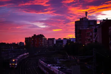 Two trains meeting, while going in opposite directions, at the commuter train tracks that lead to the outskirts of the city. The sky is tinted pink and purple as the sun sets.