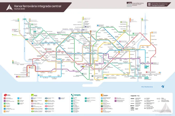 The 2030 Barcelona metro map. It includes several planned extensions besides the ones that are already being built.